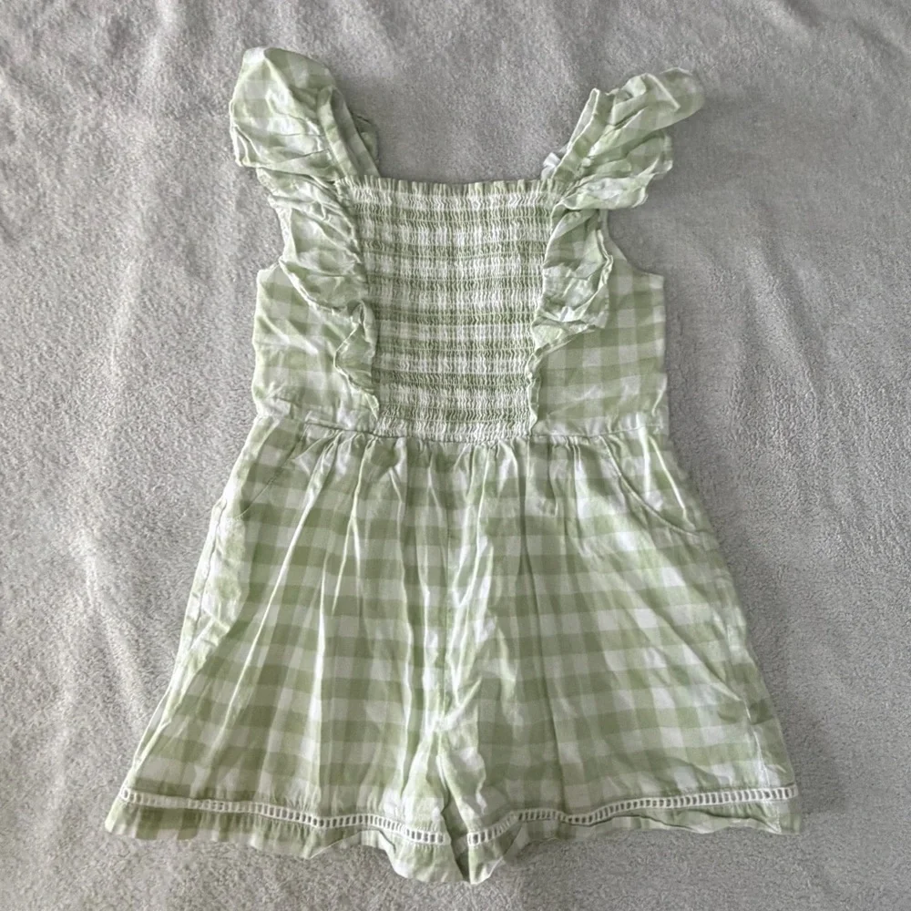 Janie and Jack | Green Gingham Smocked Romper with Ruffle Straps & Pockets | 5